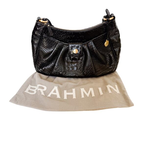 Brahmin Melbourne Black Leather Crocodile Embossed Zipper Closure Shoulder Bag - Picture 1 of 9